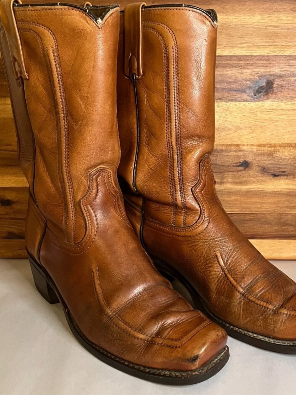 Vintage Acme Brown Leather Boots Square Toe Western Cowboy 9D 70s Boho Hipster